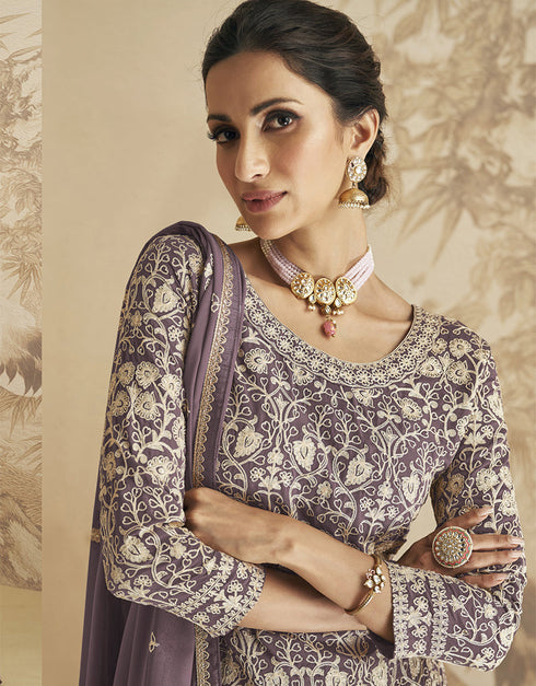 Traditional Function Wear Georgette Salwar Suit Collection Light Purple Georgette Sharara Suit Close-up View